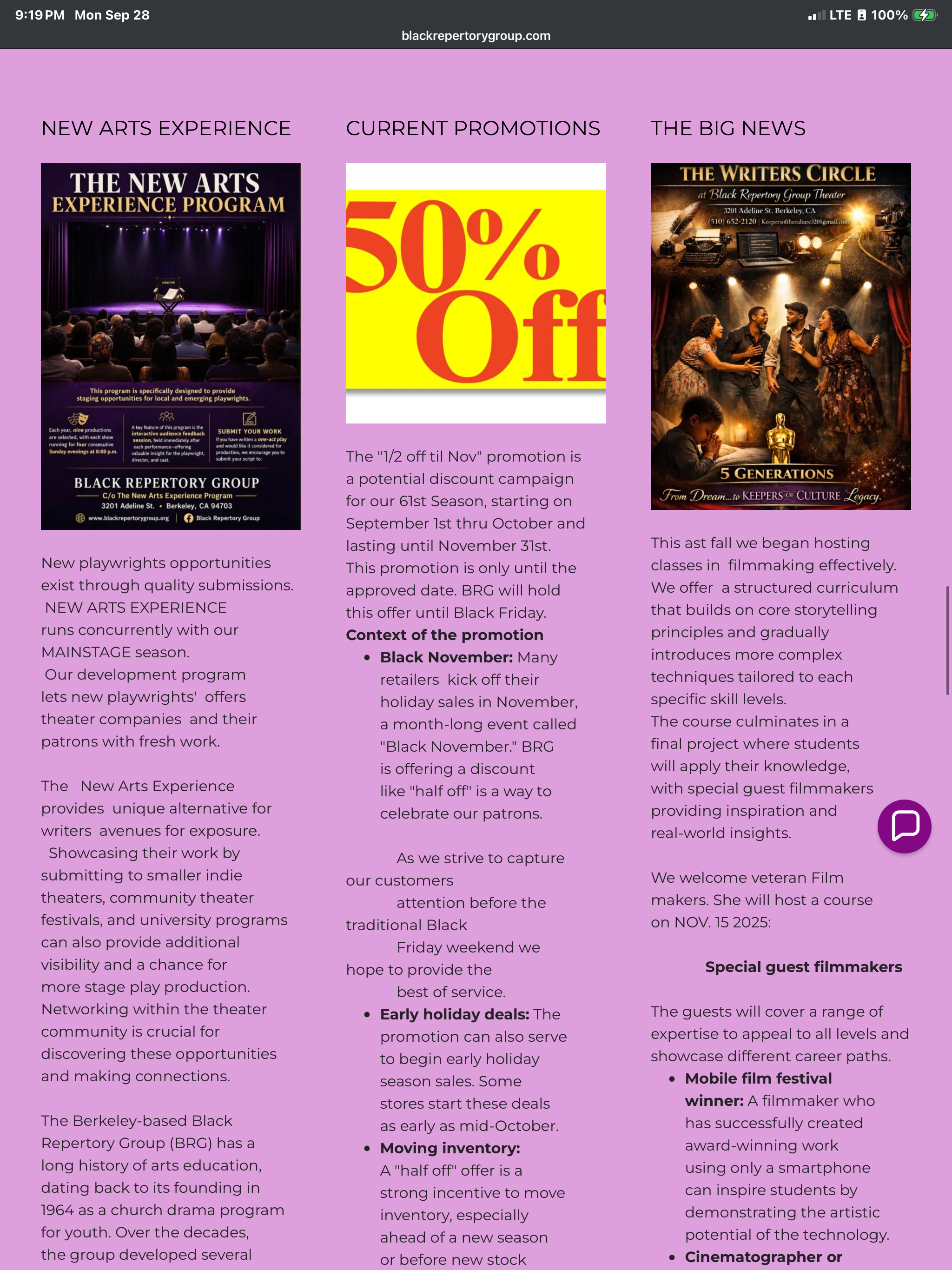 BRG special events — theater promotions and event programming